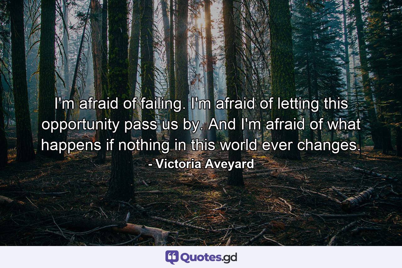 I'm afraid of failing. I'm afraid of letting this opportunity pass us by. And I'm afraid of what happens if nothing in this world ever changes. - Quote by Victoria Aveyard