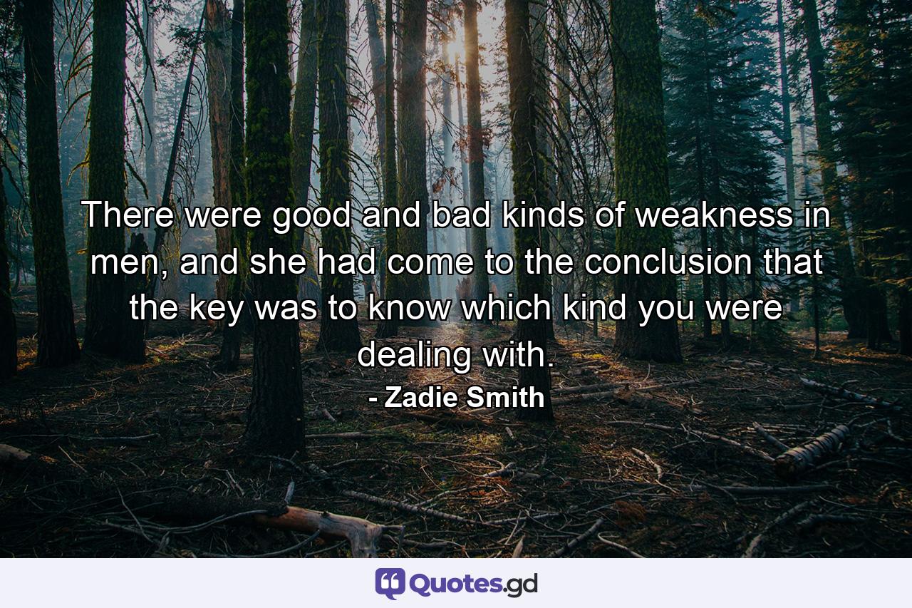 There were good and bad kinds of weakness in men, and she had come to the conclusion that the key was to know which kind you were dealing with. - Quote by Zadie Smith