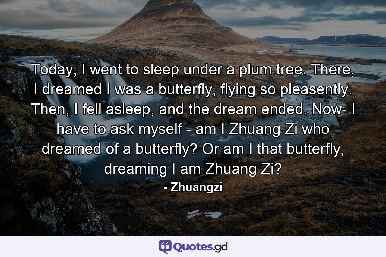 Today, I went to sleep under a plum tree. There, I dreamed I was a butterfly, flying so pleasently. Then, I fell asleep, and the dream ended. Now- I have to ask myself - am I Zhuang Zi who dreamed of a butterfly? Or am I that butterfly, dreaming I am Zhuang Zi? - Quote by Zhuangzi