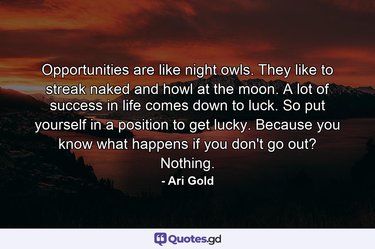 Opportunities are like night owls. They like to streak naked and howl at the moon. A lot of success in life comes down to luck. So put yourself in a position to get lucky. Because you know what happens if you don't go out? Nothing. - Quote by Ari Gold