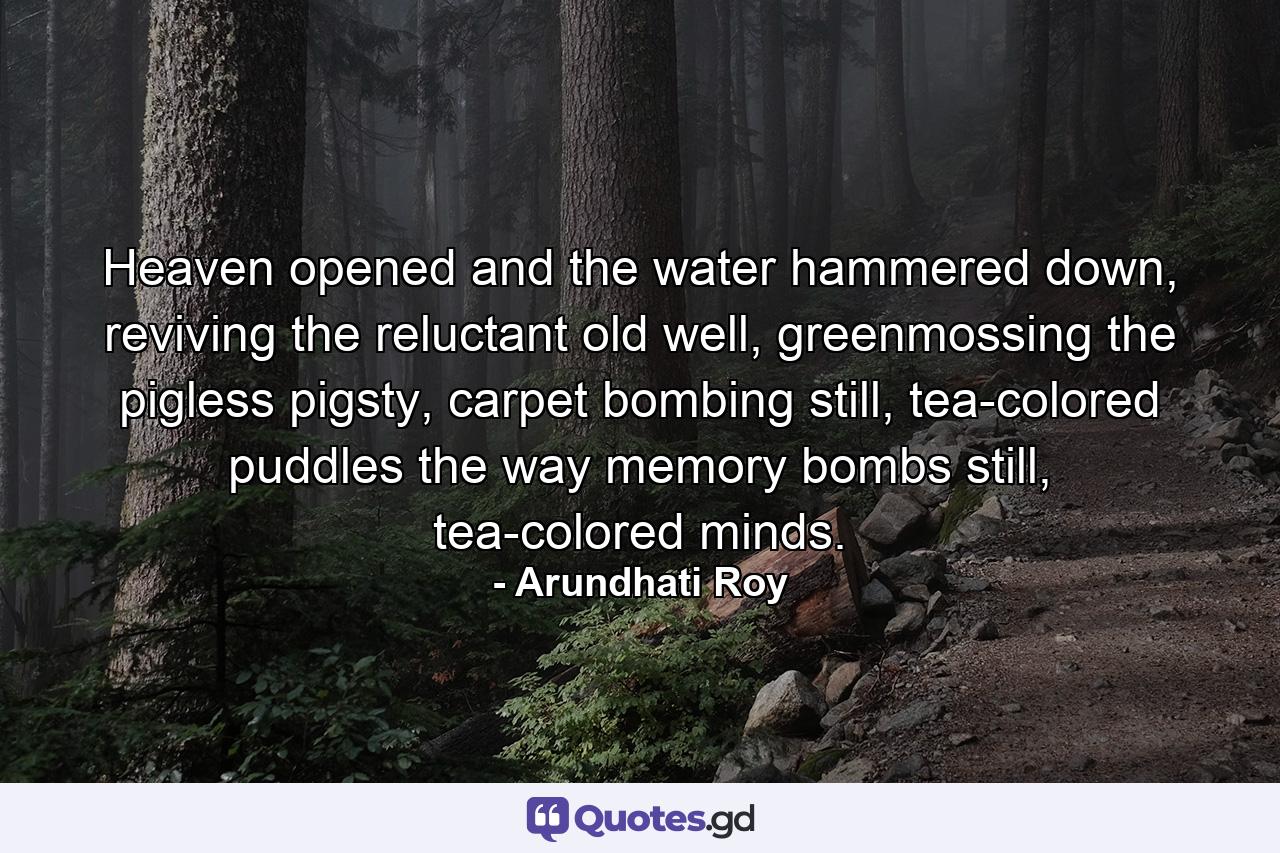 Heaven opened and the water hammered down, reviving the reluctant old well, greenmossing the pigless pigsty, carpet bombing still, tea-colored puddles the way memory bombs still, tea-colored minds. - Quote by Arundhati Roy