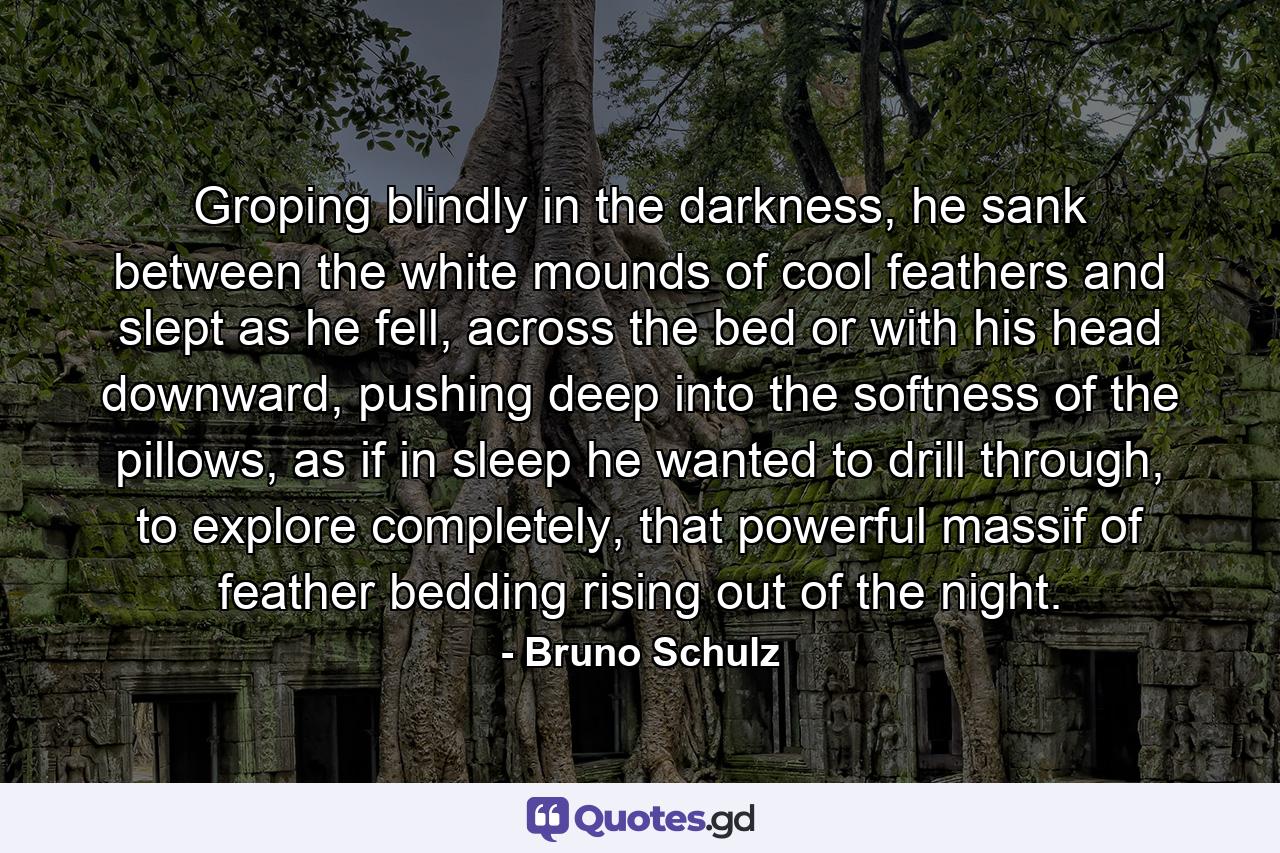 Groping blindly in the darkness, he sank between the white mounds of cool feathers and slept as he fell, across the bed or with his head downward, pushing deep into the softness of the pillows, as if in sleep he wanted to drill through, to explore completely, that powerful massif of feather bedding rising out of the night. - Quote by Bruno Schulz