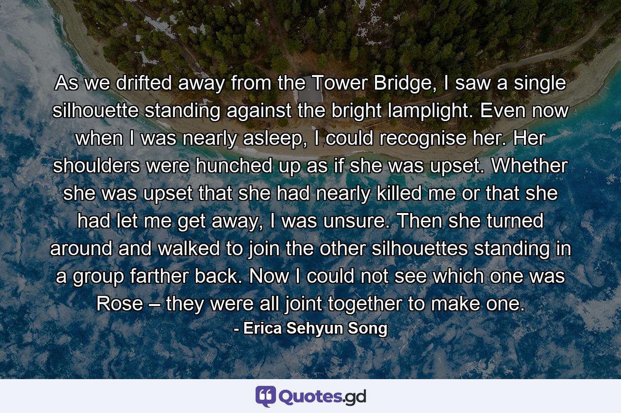 As we drifted away from the Tower Bridge, I saw a single silhouette standing against the bright lamplight. Even now when I was nearly asleep, I could recognise her. Her shoulders were hunched up as if she was upset. Whether she was upset that she had nearly killed me or that she had let me get away, I was unsure. Then she turned around and walked to join the other silhouettes standing in a group farther back. Now I could not see which one was Rose – they were all joint together to make one. - Quote by Erica Sehyun Song