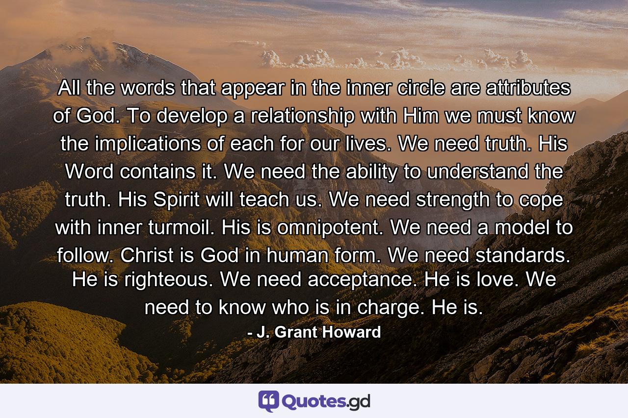 All the words that appear in the inner circle are attributes of God. To develop a relationship with Him we must know the implications of each for our lives. We need truth. His Word contains it. We need the ability to understand the truth. His Spirit will teach us. We need strength to cope with inner turmoil. His is omnipotent. We need a model to follow. Christ is God in human form. We need standards. He is righteous. We need acceptance. He is love. We need to know who is in charge. He is. - Quote by J. Grant Howard