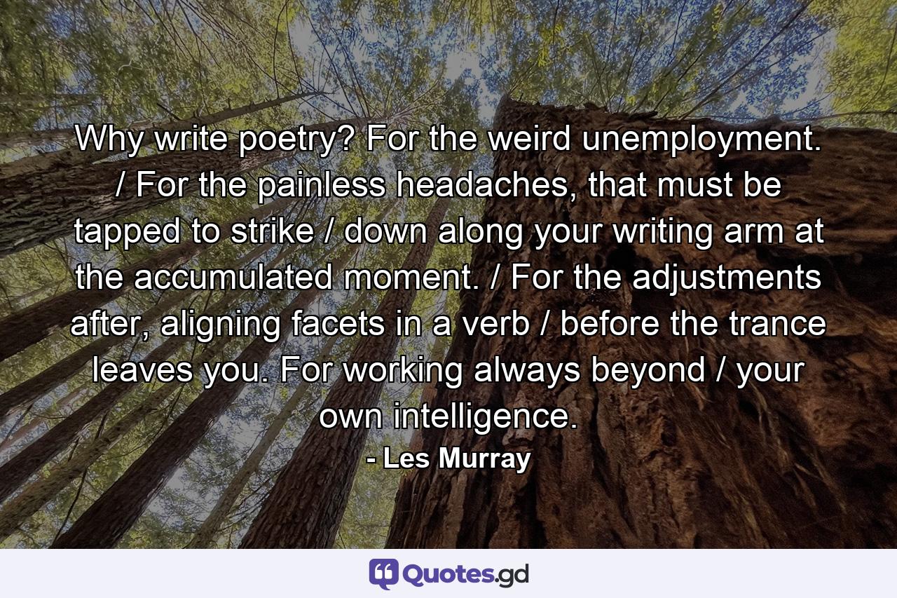 Why write poetry? For the weird unemployment. / For the painless headaches, that must be tapped to strike / down along your writing arm at the accumulated moment. / For the adjustments after, aligning facets in a verb / before the trance leaves you. For working always beyond / your own intelligence. - Quote by Les Murray