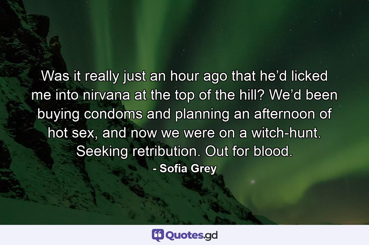 Was it really just an hour ago that he’d licked me into nirvana at the top of the hill? We’d been buying condoms and planning an afternoon of hot sex, and now we were on a witch-hunt. Seeking retribution. Out for blood. - Quote by Sofia Grey