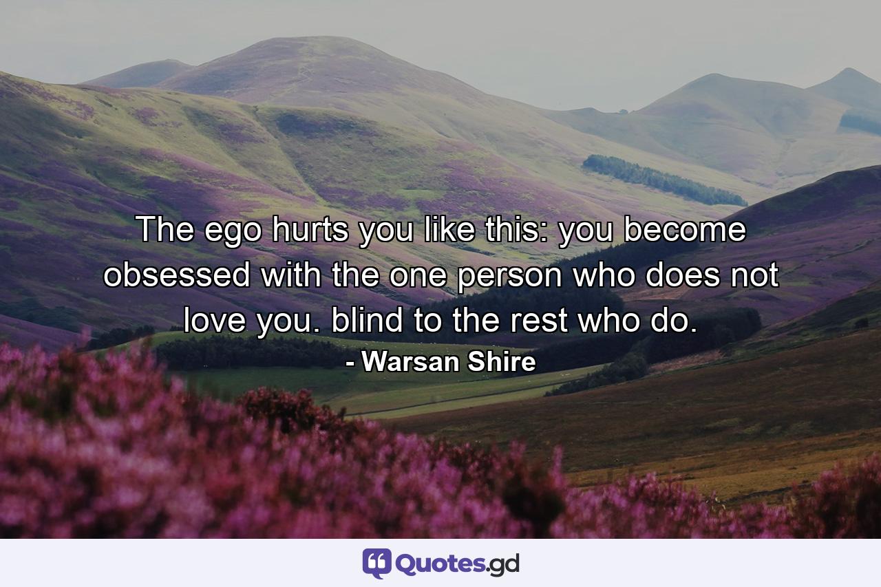 The ego hurts you like this: you become obsessed with the one person who does not love you. blind to the rest who do. - Quote by Warsan Shire