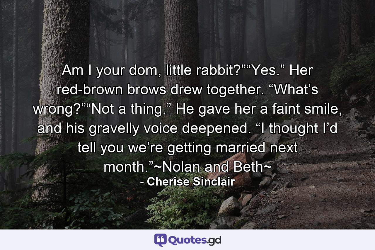 Am I your dom, little rabbit?”“Yes.” Her red-brown brows drew together. “What’s wrong?”“Not a thing.” He gave her a faint smile, and his gravelly voice deepened. “I thought I’d tell you we’re getting married next month.”~Nolan and Beth~ - Quote by Cherise Sinclair