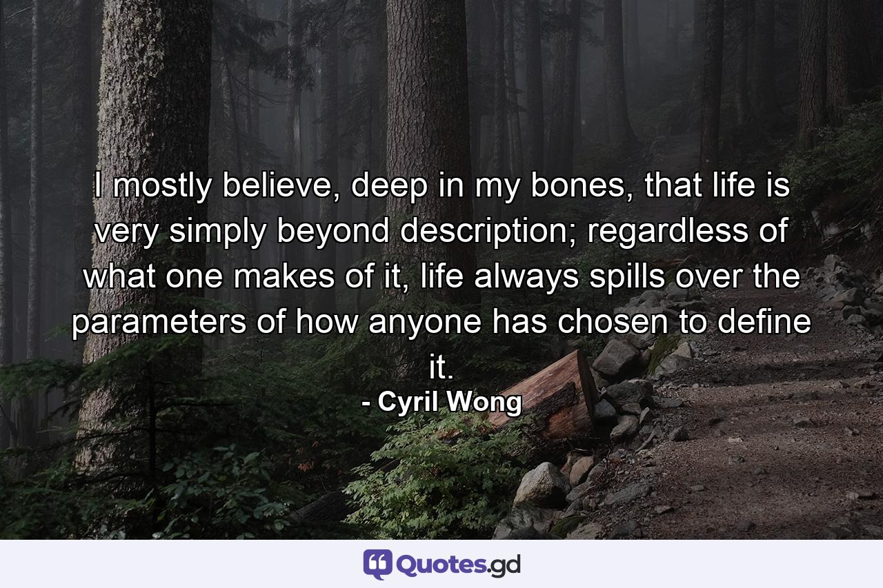 I mostly believe, deep in my bones, that life is very simply beyond description; regardless of what one makes of it, life always spills over the parameters of how anyone has chosen to define it. - Quote by Cyril Wong