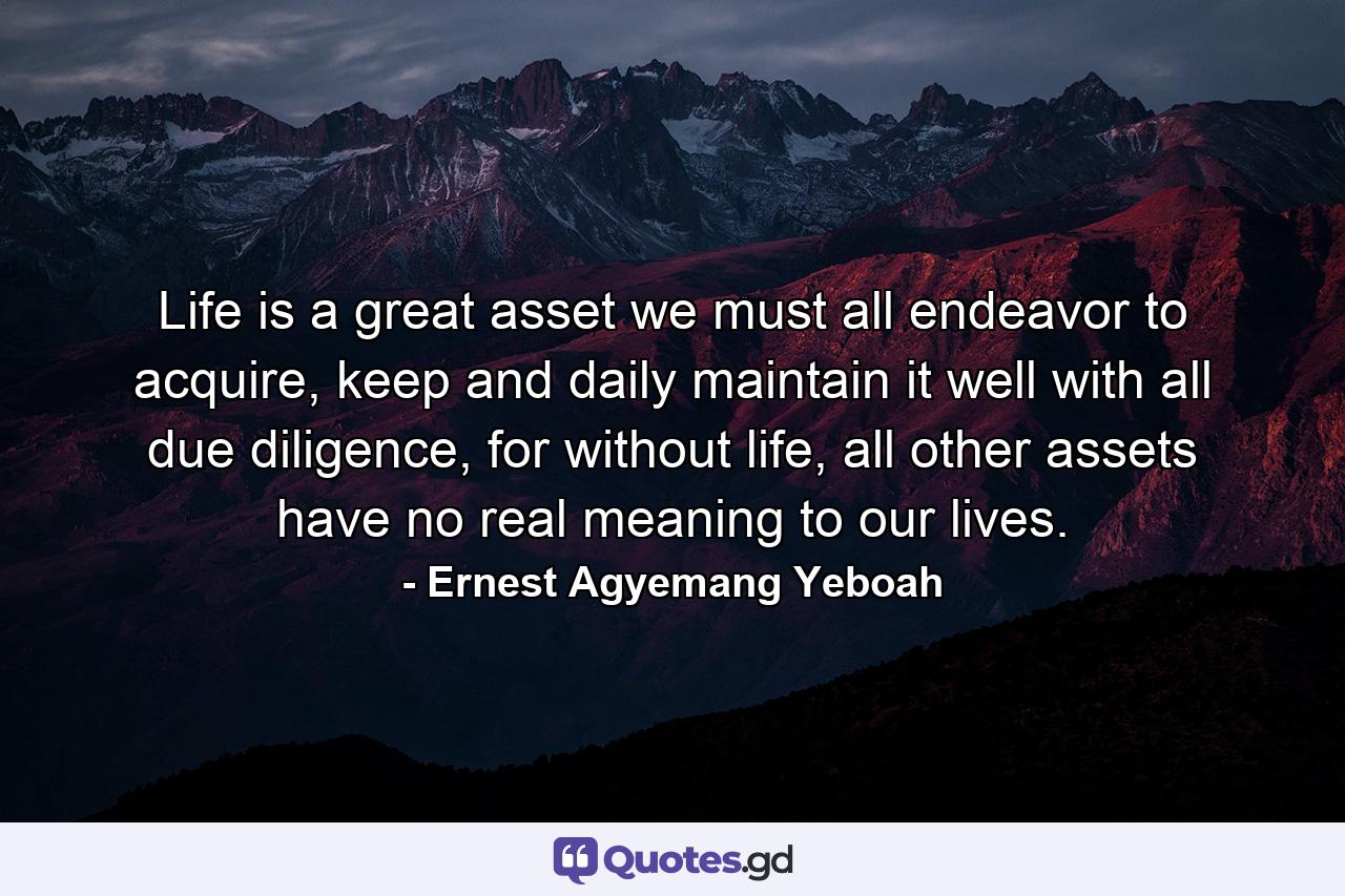 Life is a great asset we must all endeavor to acquire, keep and daily maintain it well with all due diligence, for without life, all other assets have no real meaning to our lives. - Quote by Ernest Agyemang Yeboah