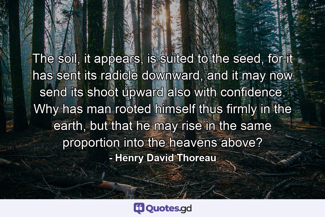 The soil, it appears, is suited to the seed, for it has sent its radicle downward, and it may now send its shoot upward also with confidence. Why has man rooted himself thus firmly in the earth, but that he may rise in the same proportion into the heavens above? - Quote by Henry David Thoreau