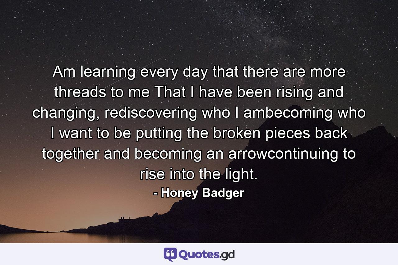 Am learning every day that there are more threads to me That I have been rising and changing, rediscovering who I ambecoming who I want to be putting the broken pieces back together and becoming an arrowcontinuing to rise into the light. - Quote by Honey Badger