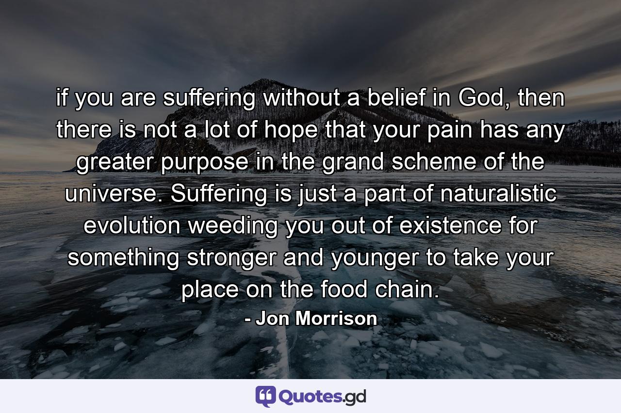 if you are suffering without a belief in God, then there is not a lot of hope that your pain has any greater purpose in the grand scheme of the universe. Suffering is just a part of naturalistic evolution weeding you out of existence for something stronger and younger to take your place on the food chain. - Quote by Jon Morrison