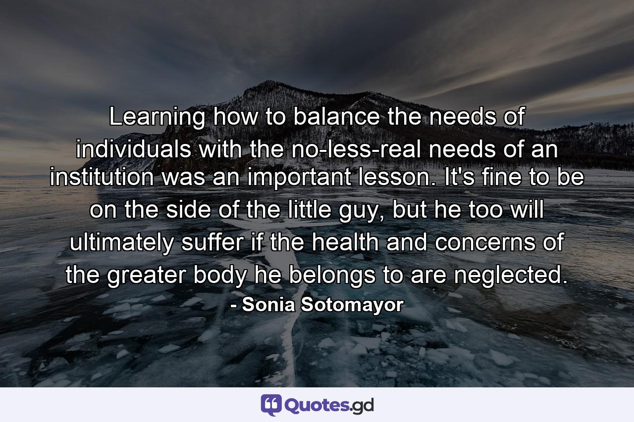 Learning how to balance the needs of individuals with the no-less-real needs of an institution was an important lesson. It's fine to be on the side of the little guy, but he too will ultimately suffer if the health and concerns of the greater body he belongs to are neglected. - Quote by Sonia Sotomayor