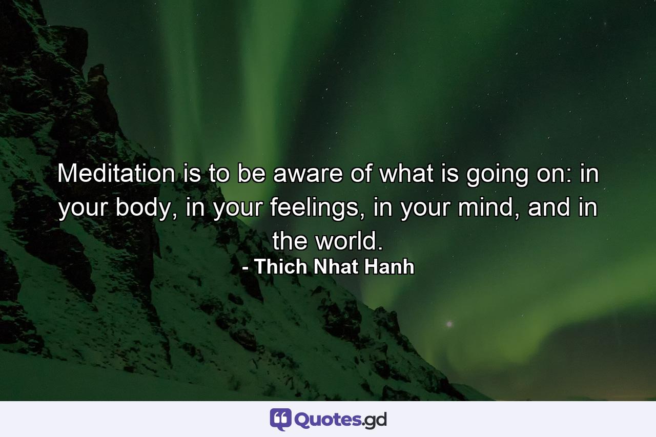 Meditation is to be aware of what is going on: in your body, in your feelings, in your mind, and in the world. - Quote by Thich Nhat Hanh