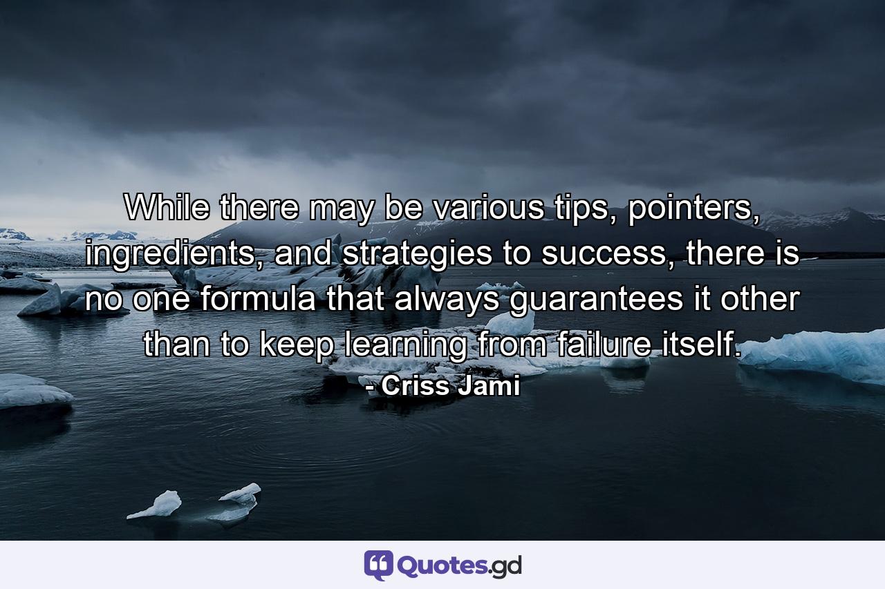 While there may be various tips, pointers, ingredients, and strategies to success, there is no one formula that always guarantees it other than to keep learning from failure itself. - Quote by Criss Jami