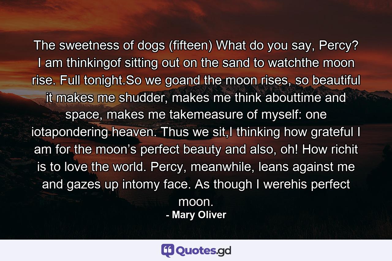 The sweetness of dogs (fifteen) What do you say, Percy? I am thinkingof sitting out on the sand to watchthe moon rise. Full tonight.So we goand the moon rises, so beautiful it makes me shudder, makes me think abouttime and space, makes me takemeasure of myself: one iotapondering heaven. Thus we sit,I thinking how grateful I am for the moon’s perfect beauty and also, oh! How richit is to love the world. Percy, meanwhile, leans against me and gazes up intomy face. As though I werehis perfect moon. - Quote by Mary Oliver