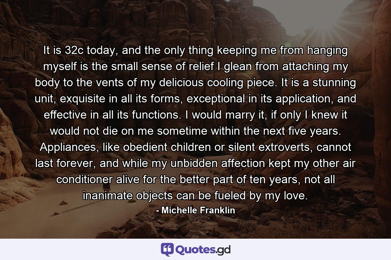 It is 32c today, and the only thing keeping me from hanging myself is the small sense of relief I glean from attaching my body to the vents of my delicious cooling piece. It is a stunning unit, exquisite in all its forms, exceptional in its application, and effective in all its functions. I would marry it, if only I knew it would not die on me sometime within the next five years. Appliances, like obedient children or silent extroverts, cannot last forever, and while my unbidden affection kept my other air conditioner alive for the better part of ten years, not all inanimate objects can be fueled by my love. - Quote by Michelle Franklin