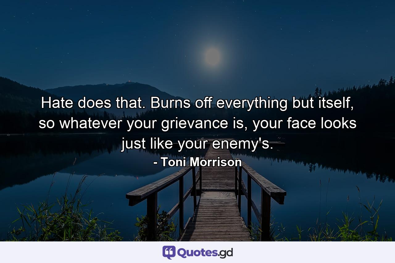 Hate does that. Burns off everything but itself, so whatever your grievance is, your face looks just like your enemy's. - Quote by Toni Morrison