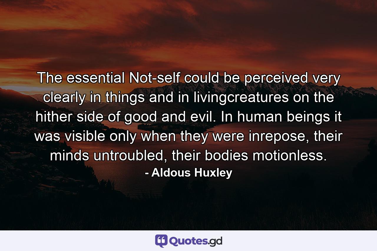 The essential Not-self could be perceived very clearly in things and in livingcreatures on the hither side of good and evil. In human beings it was visible only when they were inrepose, their minds untroubled, their bodies motionless. - Quote by Aldous Huxley