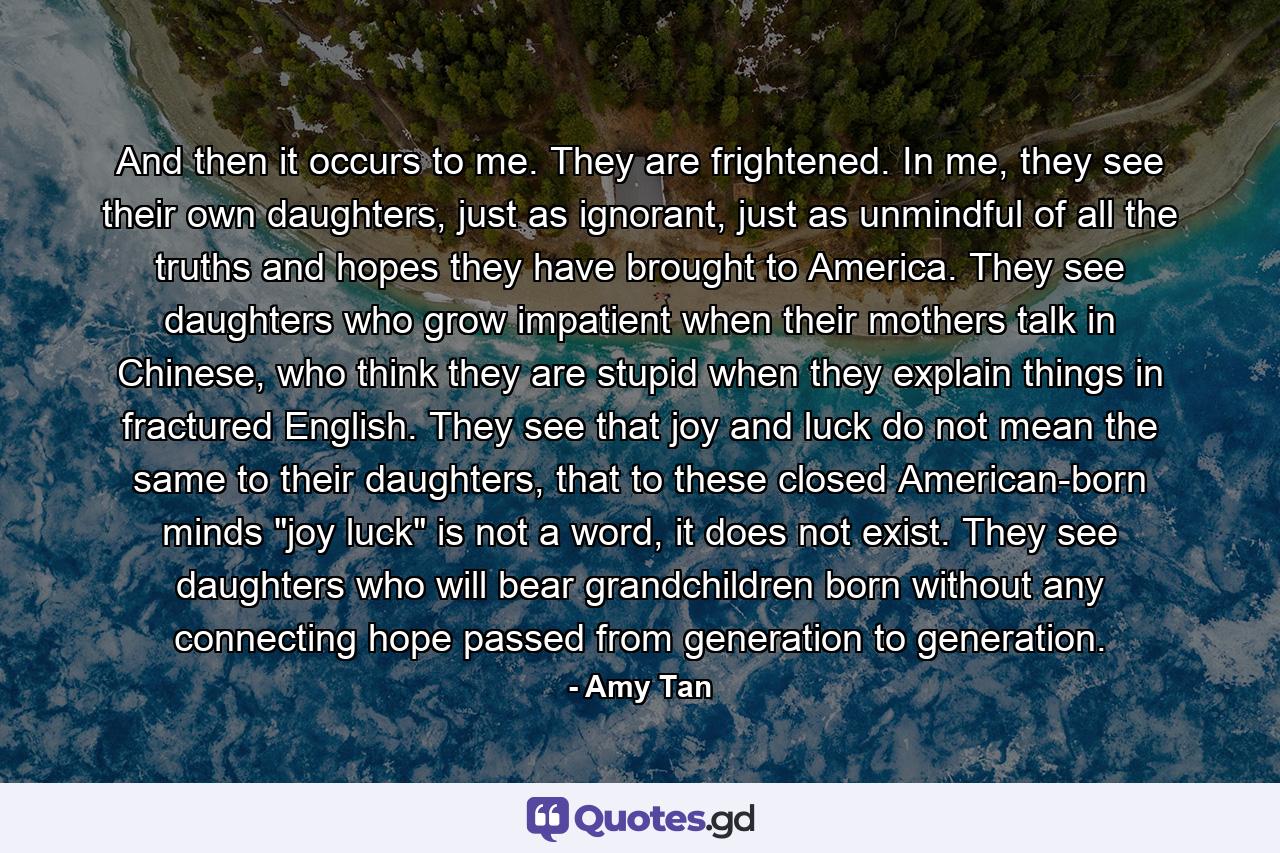 And then it occurs to me. They are frightened. In me, they see their own daughters, just as ignorant, just as unmindful of all the truths and hopes they have brought to America. They see daughters who grow impatient when their mothers talk in Chinese, who think they are stupid when they explain things in fractured English. They see that joy and luck do not mean the same to their daughters, that to these closed American-born minds 