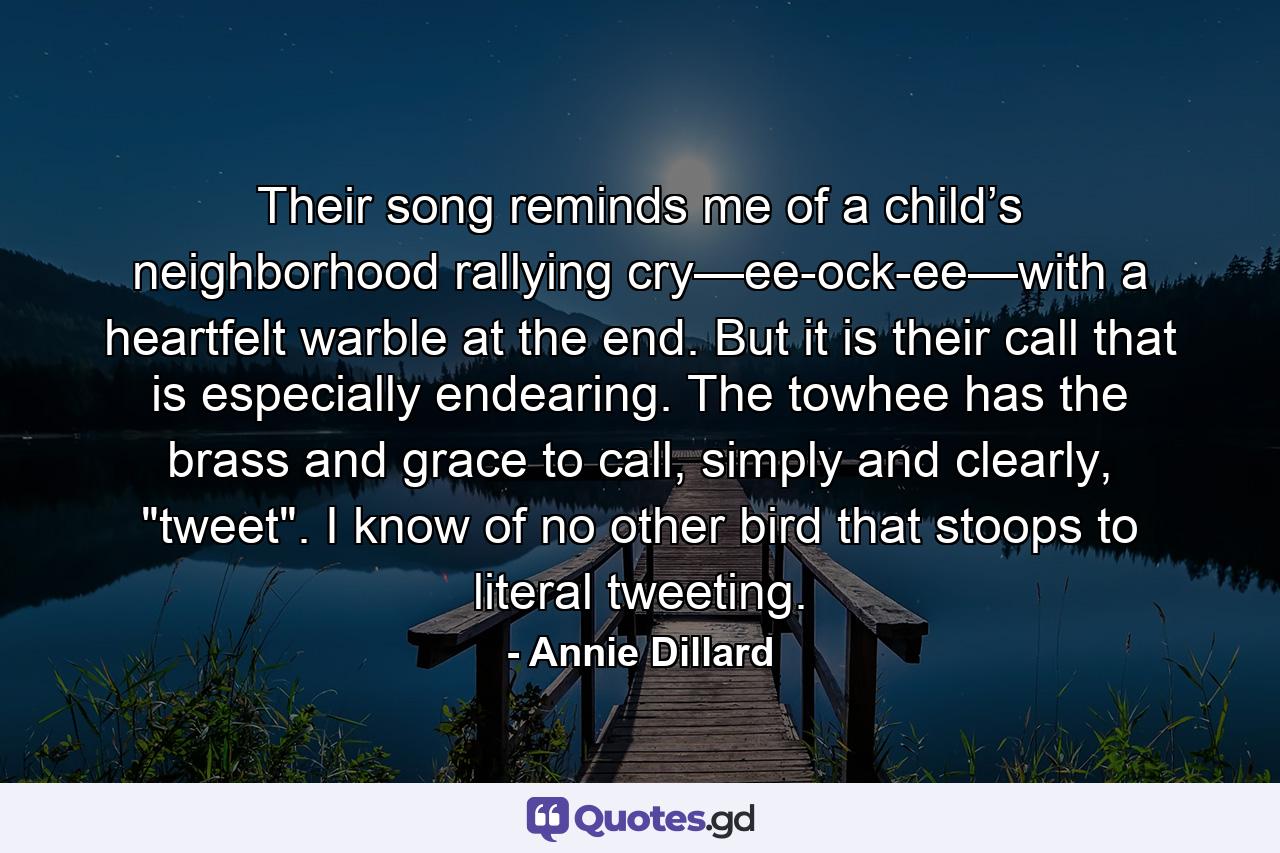 Their song reminds me of a child’s neighborhood rallying cry—ee-ock-ee—with a heartfelt warble at the end. But it is their call that is especially endearing. The towhee has the brass and grace to call, simply and clearly, 