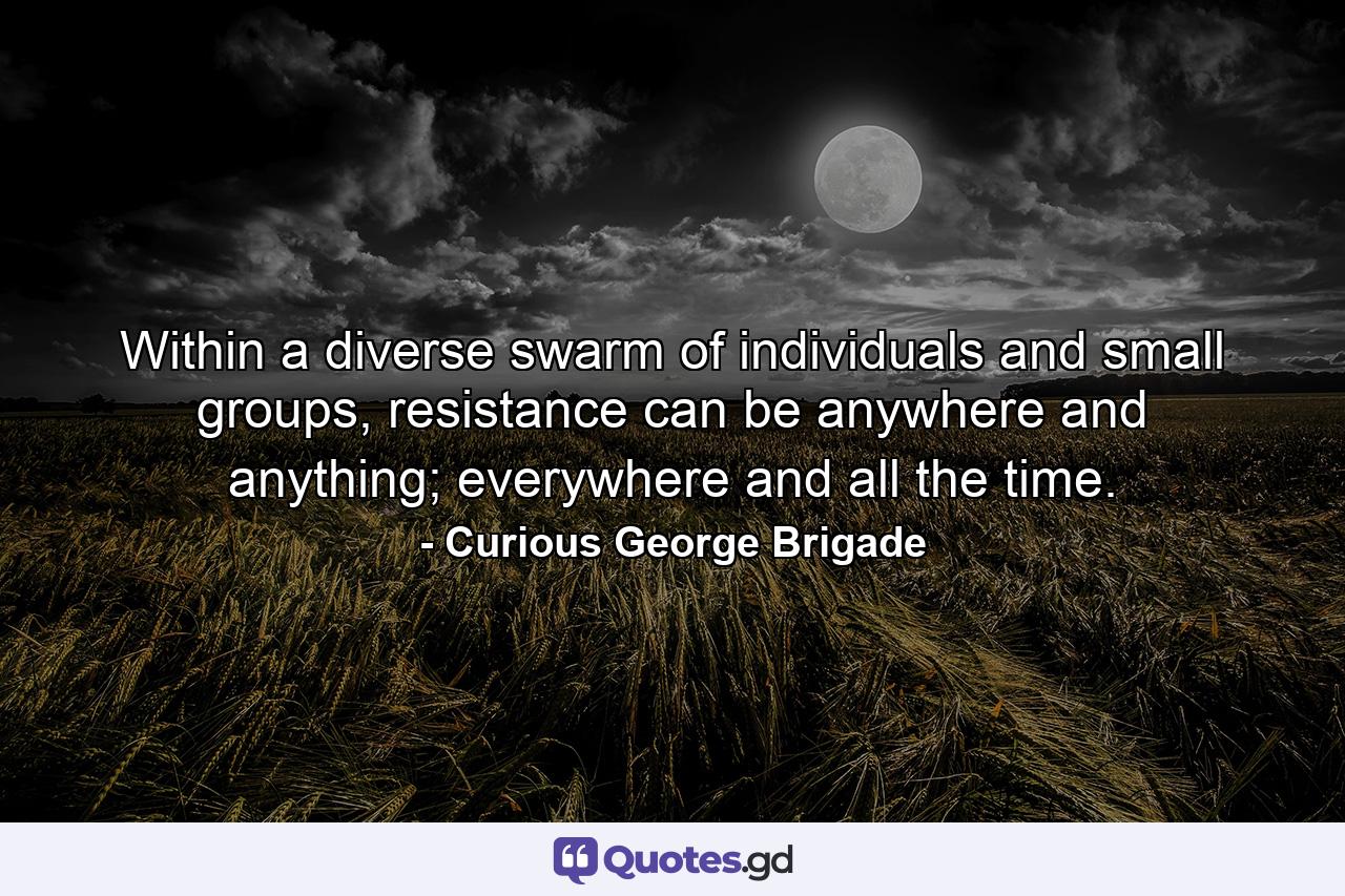 Within a diverse swarm of individuals and small groups, resistance can be anywhere and anything; everywhere and all the time. - Quote by Curious George Brigade