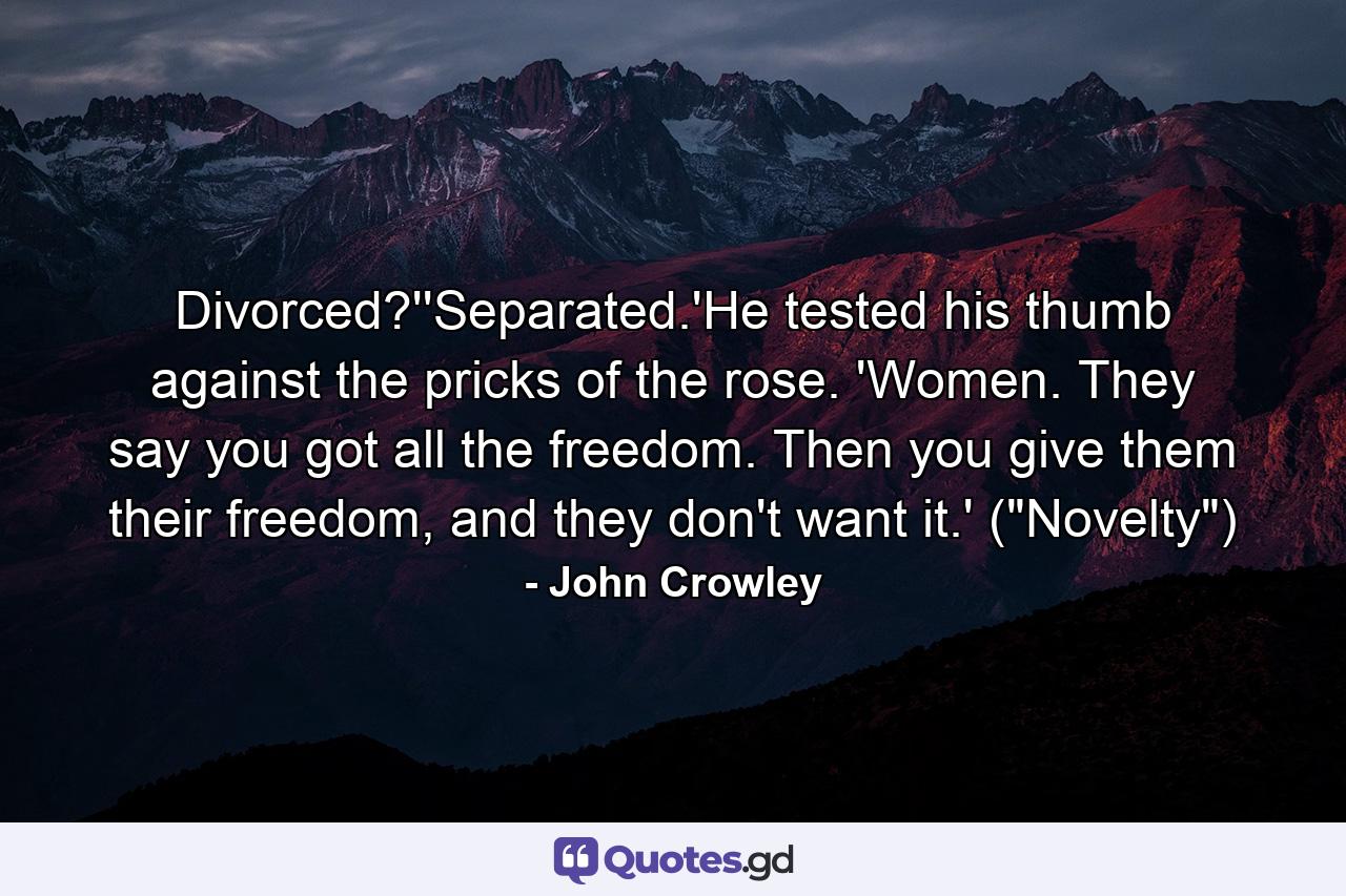 Divorced?''Separated.'He tested his thumb against the pricks of the rose. 'Women. They say you got all the freedom. Then you give them their freedom, and they don't want it.' (