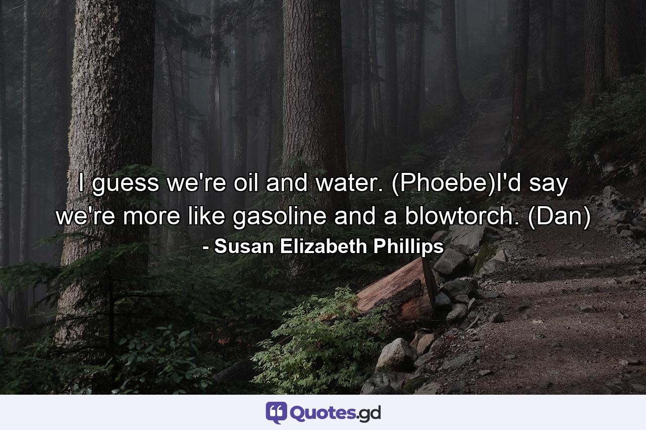 I guess we're oil and water. (Phoebe)I'd say we're more like gasoline and a blowtorch. (Dan) - Quote by Susan Elizabeth Phillips