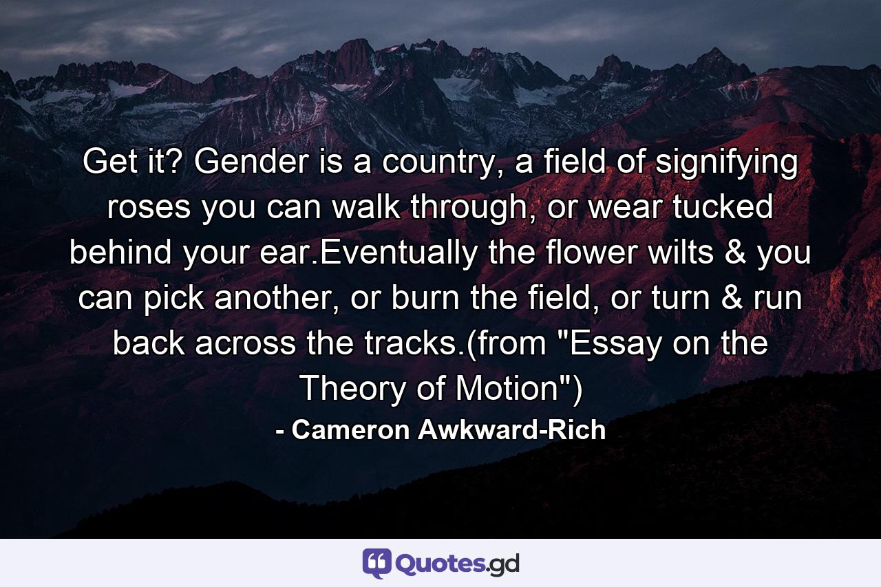 Get it? Gender is a country, a field of signifying roses you can walk through, or wear tucked behind your ear.Eventually the flower wilts & you can pick another, or burn the field, or turn & run back across the tracks.(from 