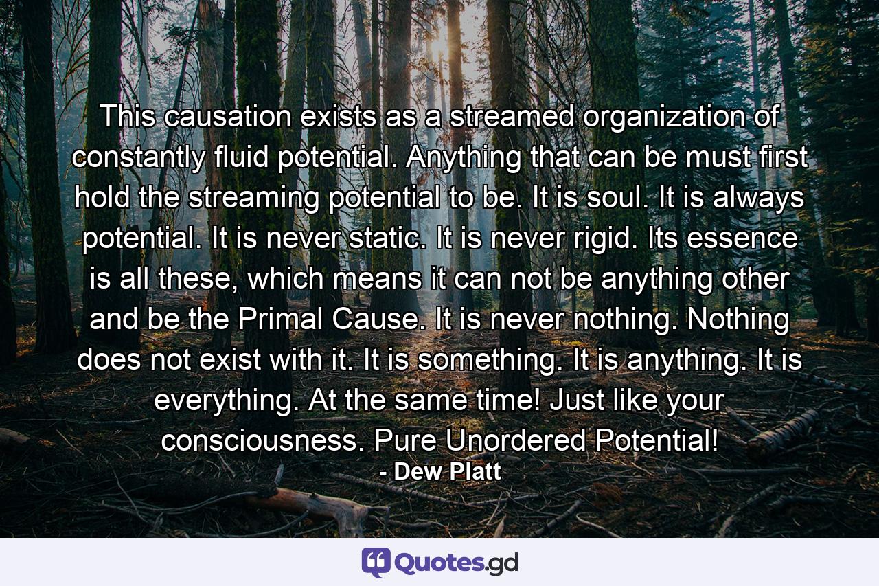 This causation exists as a streamed organization of constantly fluid potential. Anything that can be must first hold the streaming potential to be. It is soul. It is always potential. It is never static. It is never rigid. Its essence is all these, which means it can not be anything other and be the Primal Cause. It is never nothing. Nothing does not exist with it. It is something. It is anything. It is everything. At the same time! Just like your consciousness. Pure Unordered Potential! - Quote by Dew Platt