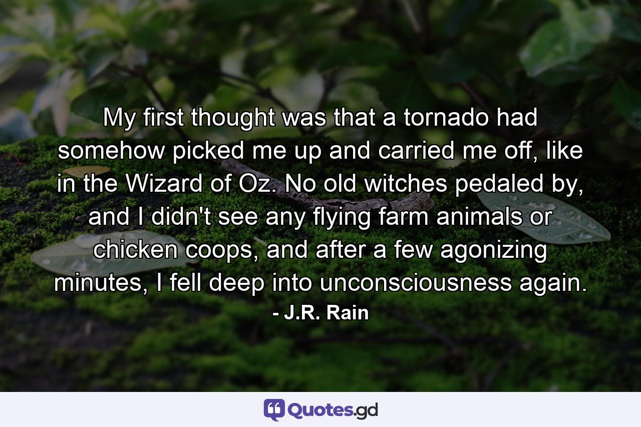 My first thought was that a tornado had somehow picked me up and carried me off, like in the Wizard of Oz. No old witches pedaled by, and I didn't see any flying farm animals or chicken coops, and after a few agonizing minutes, I fell deep into unconsciousness again. - Quote by J.R. Rain