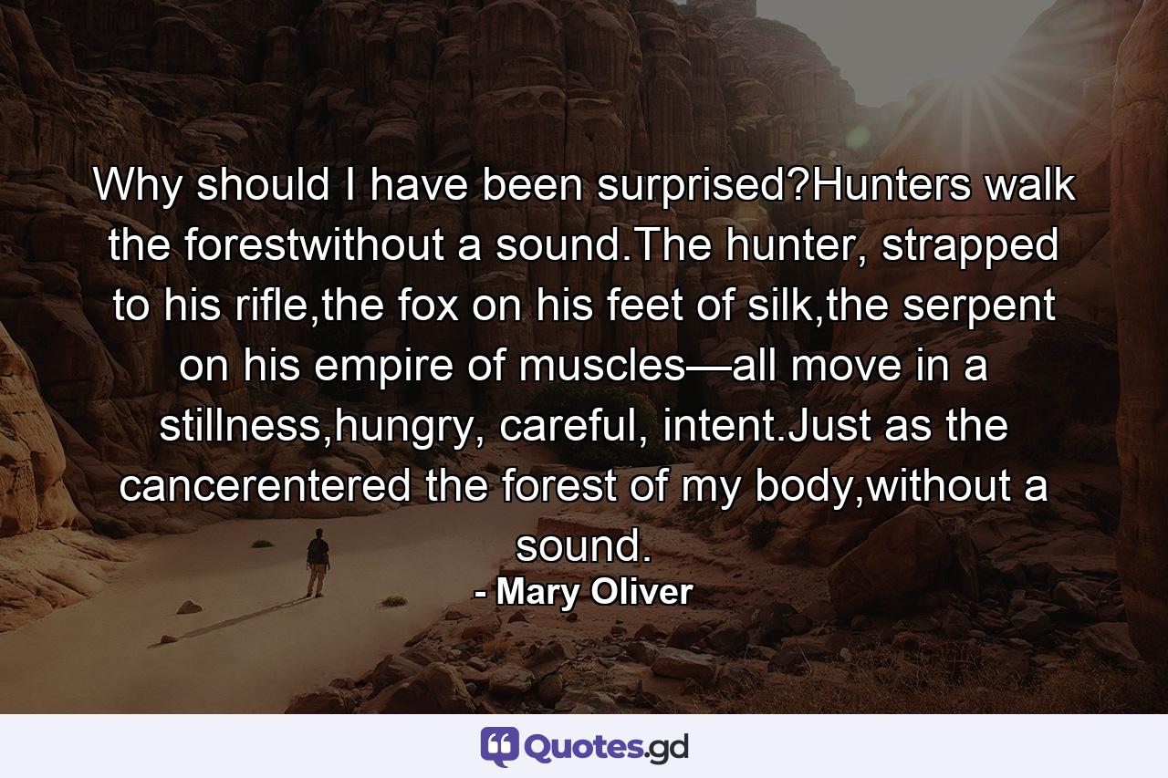 Why should I have been surprised?Hunters walk the forestwithout a sound.The hunter, strapped to his rifle,the fox on his feet of silk,the serpent on his empire of muscles—all move in a stillness,hungry, careful, intent.Just as the cancerentered the forest of my body,without a sound. - Quote by Mary Oliver