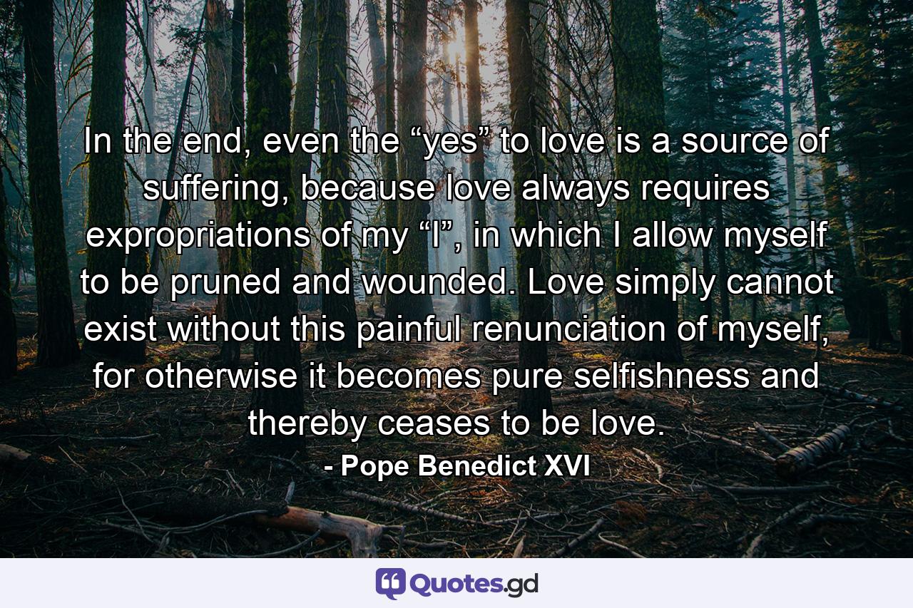 In the end, even the “yes” to love is a source of suffering, because love always requires expropriations of my “I”, in which I allow myself to be pruned and wounded. Love simply cannot exist without this painful renunciation of myself, for otherwise it becomes pure selfishness and thereby ceases to be love. - Quote by Pope Benedict XVI