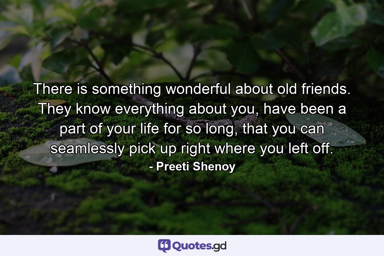 There is something wonderful about old friends. They know everything about you, have been a part of your life for so long, that you can seamlessly pick up right where you left off. - Quote by Preeti Shenoy