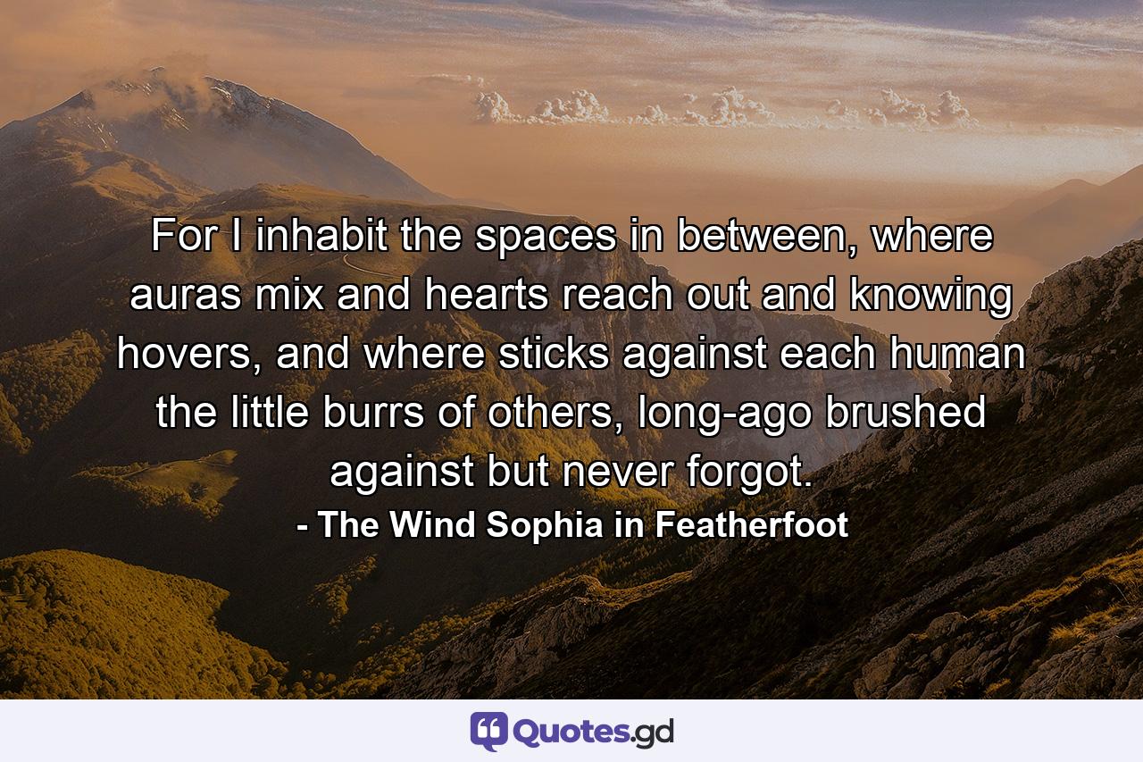 For I inhabit the spaces in between, where auras mix and hearts reach out and knowing hovers, and where sticks against each human the little burrs of others, long-ago brushed against but never forgot. - Quote by The Wind Sophia in Featherfoot