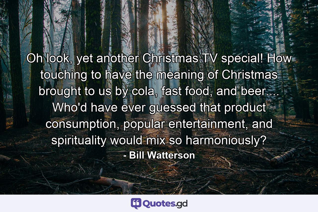 Oh look, yet another Christmas TV special! How touching to have the meaning of Christmas brought to us by cola, fast food, and beer.... Who'd have ever guessed that product consumption, popular entertainment, and spirituality would mix so harmoniously? - Quote by Bill Watterson