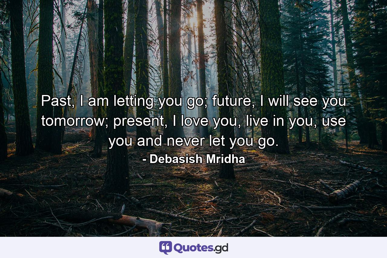 Past, I am letting you go; future, I will see you tomorrow; present, I love you, live in you, use you and never let you go. - Quote by Debasish Mridha