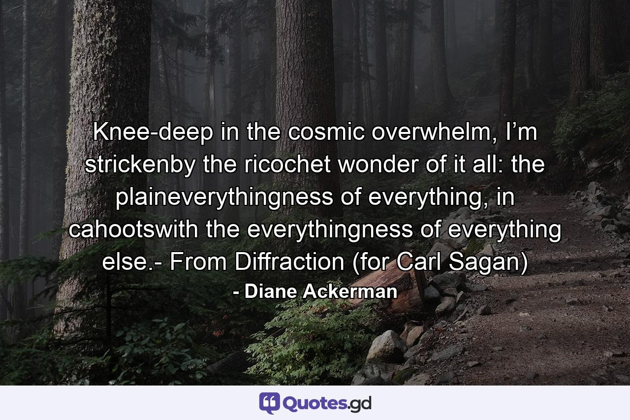 Knee-deep in the cosmic overwhelm, I’m strickenby the ricochet wonder of it all: the plaineverythingness of everything, in cahootswith the everythingness of everything else.- From Diffraction (for Carl Sagan) - Quote by Diane Ackerman