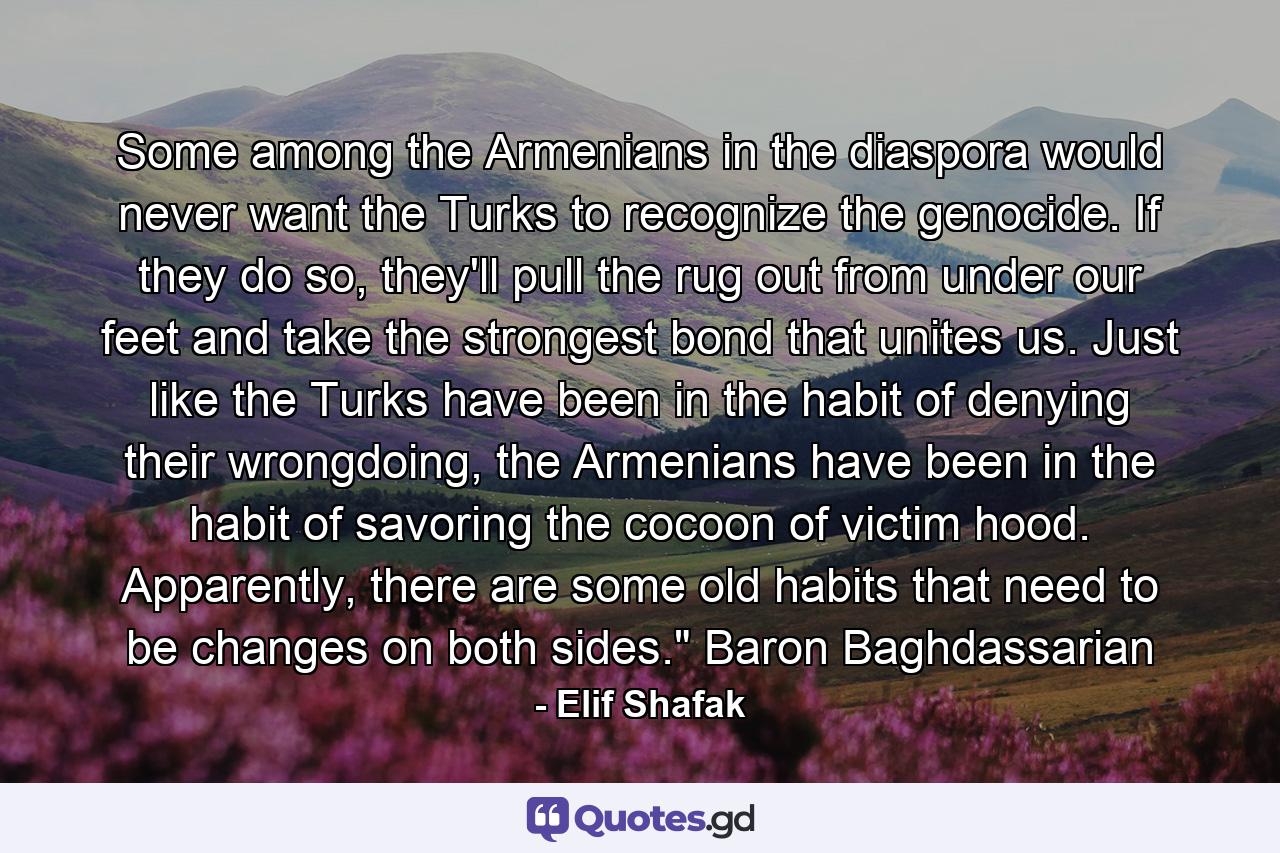 Some among the Armenians in the diaspora would never want the Turks to recognize the genocide. If they do so, they'll pull the rug out from under our feet and take the strongest bond that unites us. Just like the Turks have been in the habit of denying their wrongdoing, the Armenians have been in the habit of savoring the cocoon of victim hood. Apparently, there are some old habits that need to be changes on both sides.