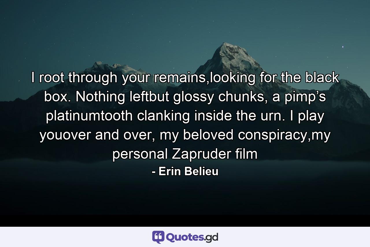 I root through your remains,looking for the black box. Nothing leftbut glossy chunks, a pimp’s platinumtooth clanking inside the urn. I play youover and over, my beloved conspiracy,my personal Zapruder film - Quote by Erin Belieu