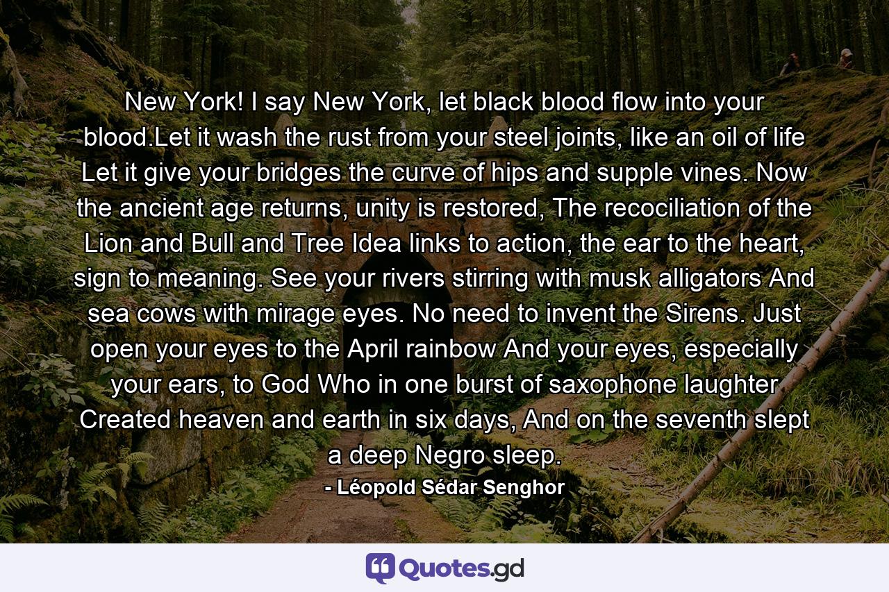 New York! I say New York, let black blood flow into your blood.Let it wash the rust from your steel joints, like an oil of life Let it give your bridges the curve of hips and supple vines. Now the ancient age returns, unity is restored, The recociliation of the Lion and Bull and Tree Idea links to action, the ear to the heart, sign to meaning. See your rivers stirring with musk alligators And sea cows with mirage eyes. No need to invent the Sirens. Just open your eyes to the April rainbow And your eyes, especially your ears, to God Who in one burst of saxophone laughter Created heaven and earth in six days, And on the seventh slept a deep Negro sleep. - Quote by Léopold Sédar Senghor