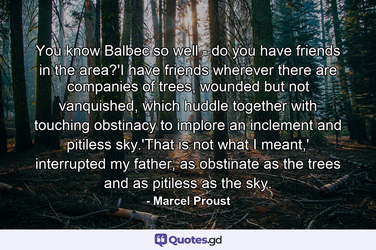 You know Balbec so well - do you have friends in the area?'I have friends wherever there are companies of trees, wounded but not vanquished, which huddle together with touching obstinacy to implore an inclement and pitiless sky.'That is not what I meant,' interrupted my father, as obstinate as the trees and as pitiless as the sky. - Quote by Marcel Proust