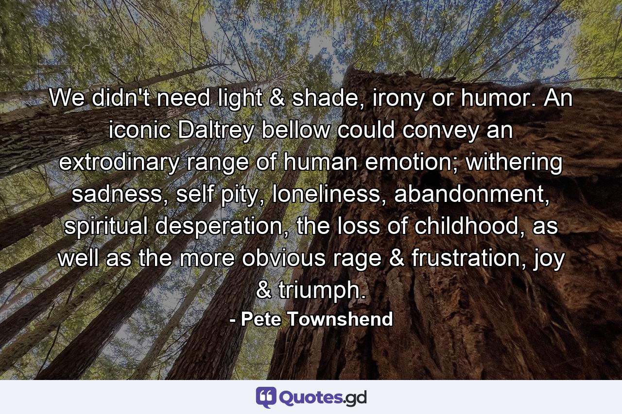 We didn't need light & shade, irony or humor. An iconic Daltrey bellow could convey an extrodinary range of human emotion; withering sadness, self pity, loneliness, abandonment, spiritual desperation, the loss of childhood, as well as the more obvious rage & frustration, joy & triumph. - Quote by Pete Townshend