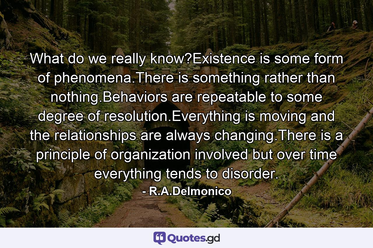 What do we really know?Existence is some form of phenomena.There is something rather than nothing.Behaviors are repeatable to some degree of resolution.Everything is moving and the relationships are always changing.There is a principle of organization involved but over time everything tends to disorder. - Quote by R.A.Delmonico