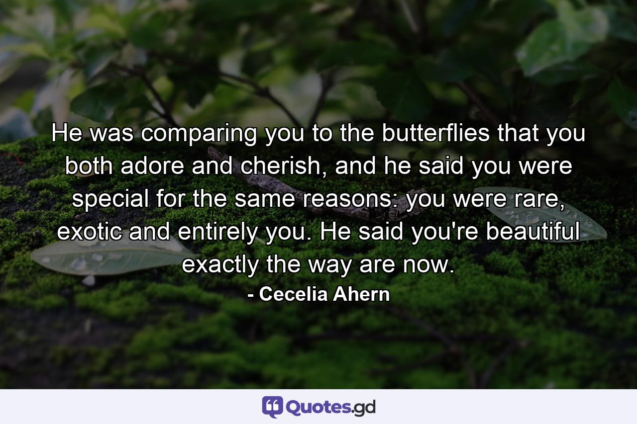 He was comparing you to the butterflies that you both adore and cherish, and he said you were special for the same reasons: you were rare, exotic and entirely you. He said you're beautiful exactly the way are now. - Quote by Cecelia Ahern