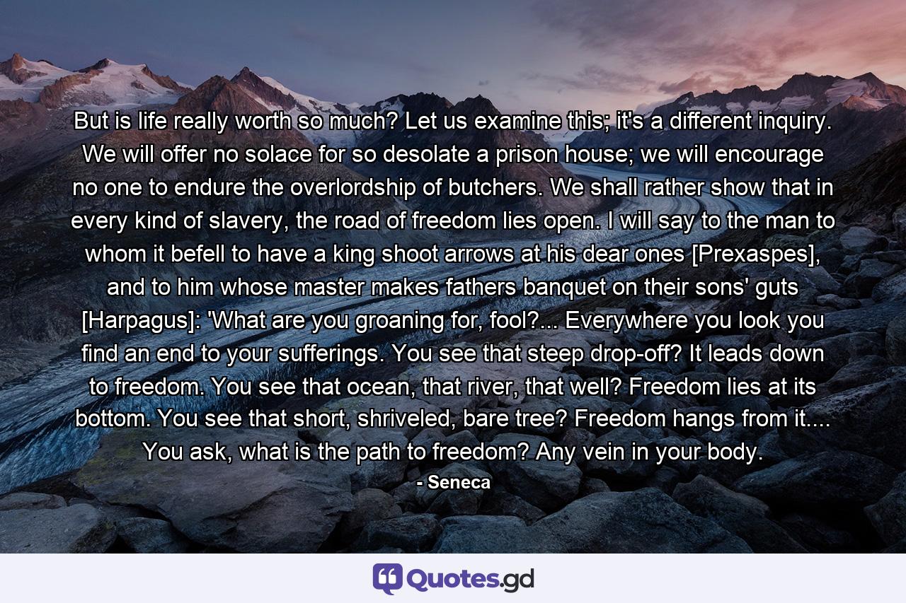 But is life really worth so much? Let us examine this; it's a different inquiry. We will offer no solace for so desolate a prison house; we will encourage no one to endure the overlordship of butchers. We shall rather show that in every kind of slavery, the road of freedom lies open. I will say to the man to whom it befell to have a king shoot arrows at his dear ones [Prexaspes], and to him whose master makes fathers banquet on their sons' guts [Harpagus]: 'What are you groaning for, fool?... Everywhere you look you find an end to your sufferings. You see that steep drop-off? It leads down to freedom. You see that ocean, that river, that well? Freedom lies at its bottom. You see that short, shriveled, bare tree? Freedom hangs from it.... You ask, what is the path to freedom? Any vein in your body. - Quote by Seneca