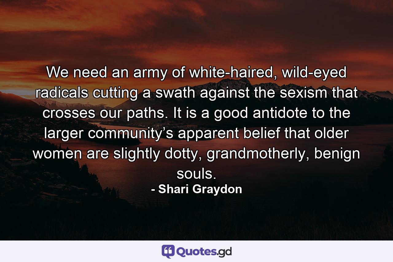 We need an army of white-haired, wild-eyed radicals cutting a swath against the sexism that crosses our paths. It is a good antidote to the larger community’s apparent belief that older women are slightly dotty, grandmotherly, benign souls. - Quote by Shari Graydon