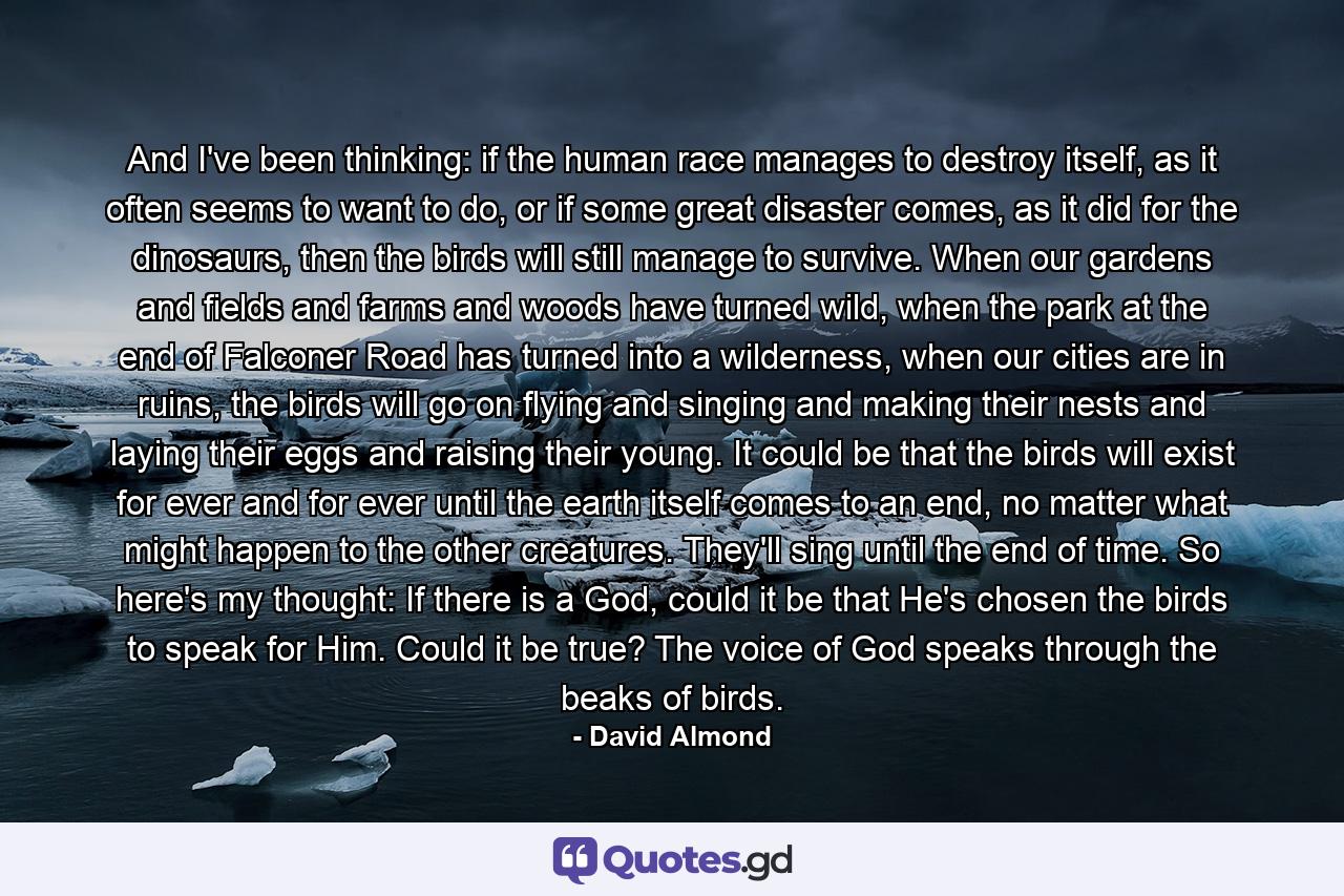 And I've been thinking: if the human race manages to destroy itself, as it often seems to want to do, or if some great disaster comes, as it did for the dinosaurs, then the birds will still manage to survive. When our gardens and fields and farms and woods have turned wild, when the park at the end of Falconer Road has turned into a wilderness, when our cities are in ruins, the birds will go on flying and singing and making their nests and laying their eggs and raising their young. It could be that the birds will exist for ever and for ever until the earth itself comes to an end, no matter what might happen to the other creatures. They'll sing until the end of time. So here's my thought: If there is a God, could it be that He's chosen the birds to speak for Him. Could it be true? The voice of God speaks through the beaks of birds. - Quote by David Almond