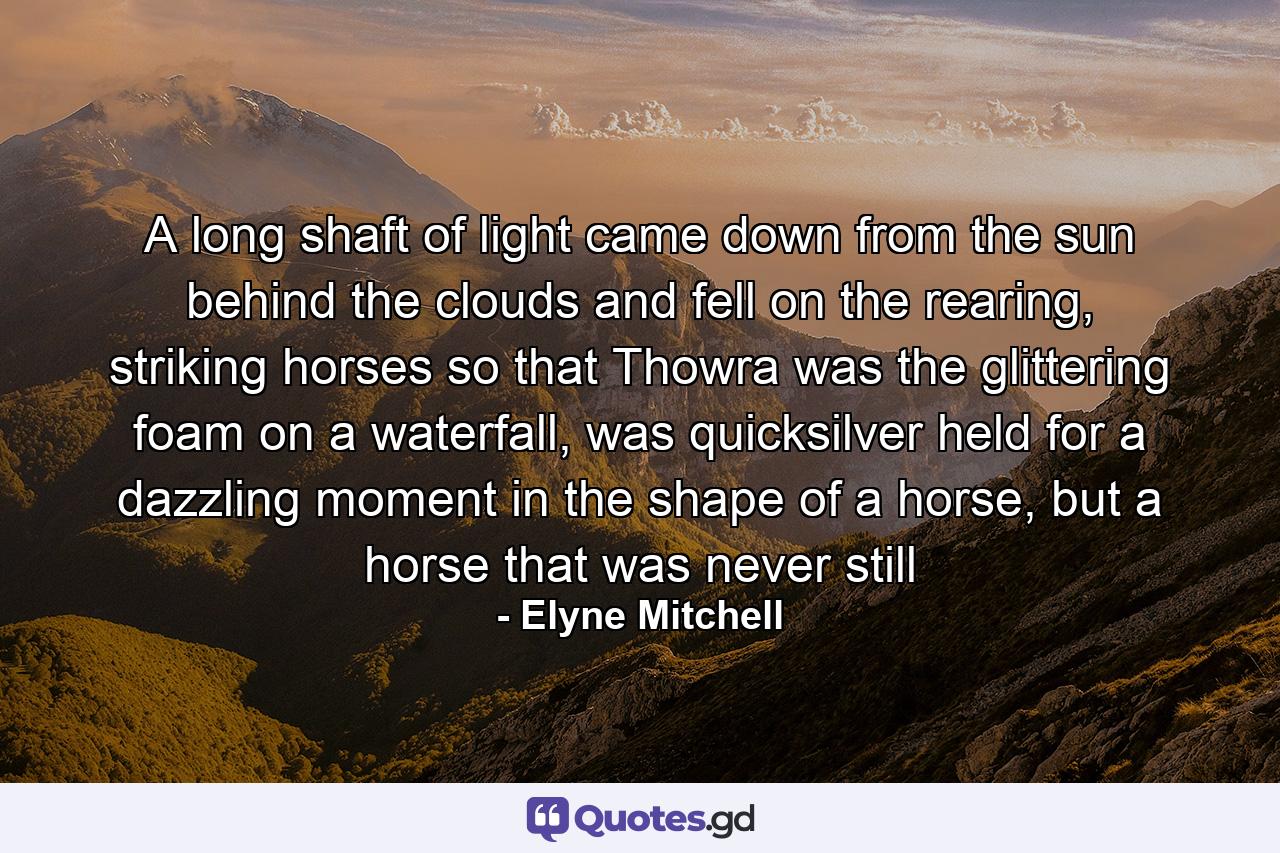 A long shaft of light came down from the sun behind the clouds and fell on the rearing, striking horses so that Thowra was the glittering foam on a waterfall, was quicksilver held for a dazzling moment in the shape of a horse, but a horse that was never still - Quote by Elyne Mitchell